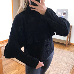 Project Naadam Black Cotton Acrylic Blend Ruffled Mock Neck Knit Sweater Medium